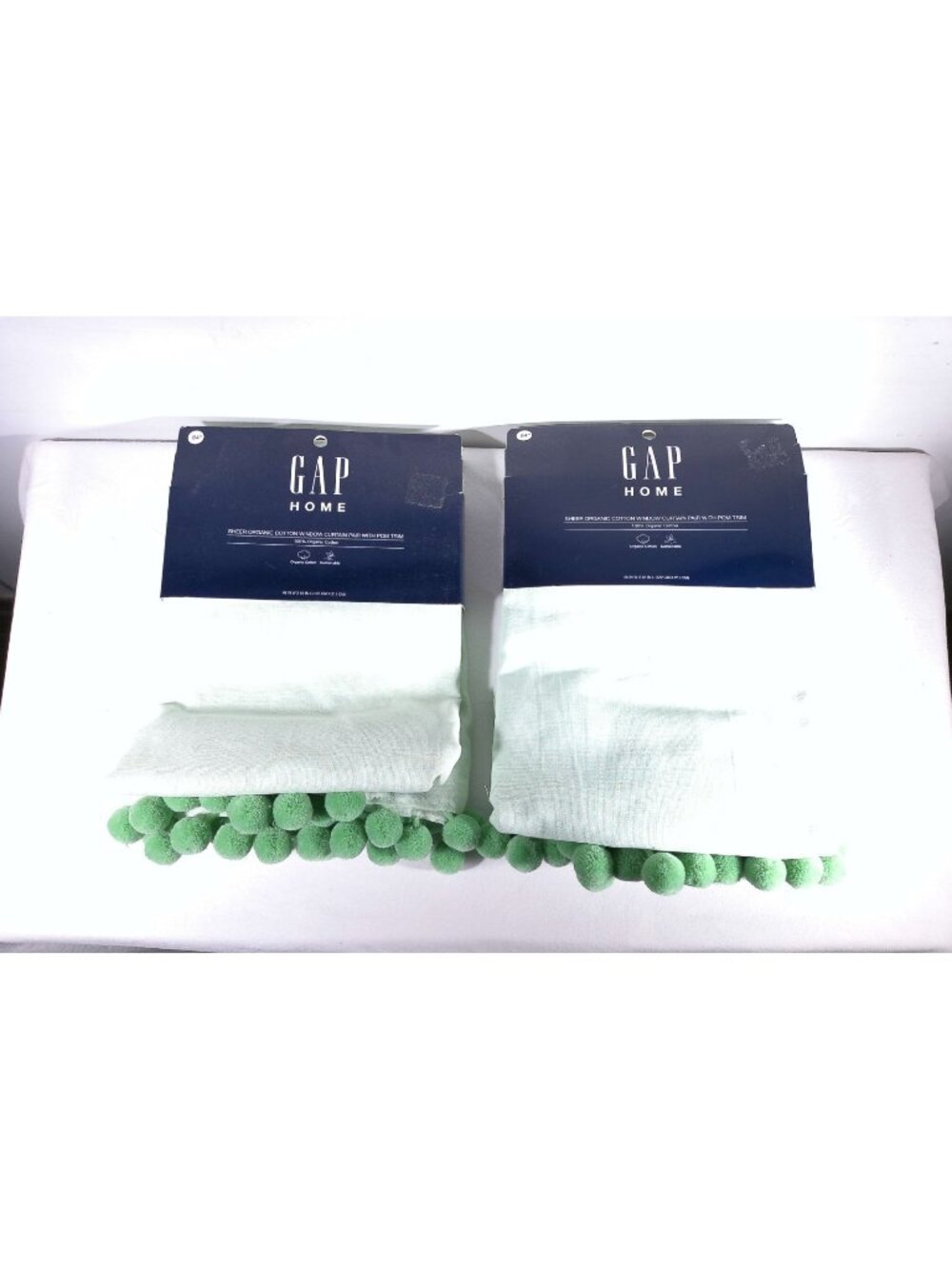 2 Window Curtain Panels Pairs GAP Home Organic Cotton Pom Poms 48”X84" SAGE